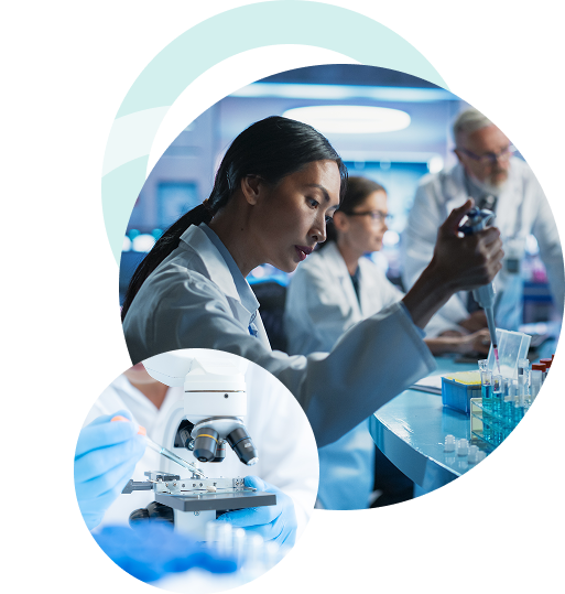 Medical scientists working in laboratory with microscope and test samples – MedSci products specializing in neuro diagnostics, rehabilitation, surgery, and medical consumables